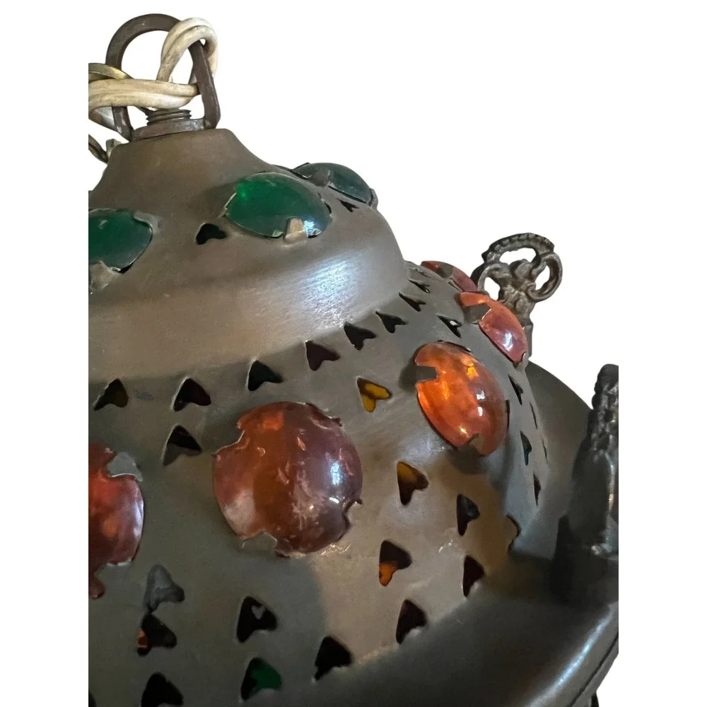 Vintage Moroccan Brass Jeweled Lantern Hanging Swag Lamp Colorful Glass Cabochon